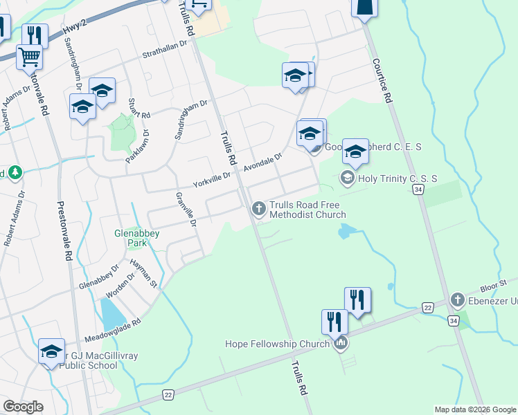 map of restaurants, bars, coffee shops, grocery stores, and more near 77 Wilkins Crescent in Clarington
