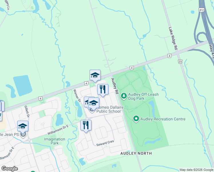 map of restaurants, bars, coffee shops, grocery stores, and more near 41 Boyd Crescent in Ajax