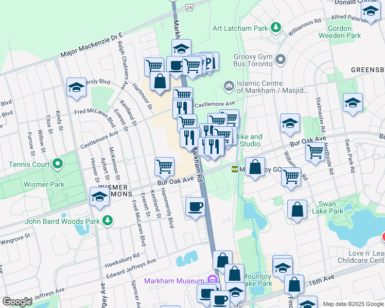 map of restaurants, bars, coffee shops, grocery stores, and more near 9670 York Regional Road 68 in Markham