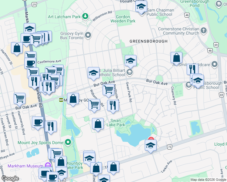 map of restaurants, bars, coffee shops, grocery stores, and more near 62 Northside Road in Markham