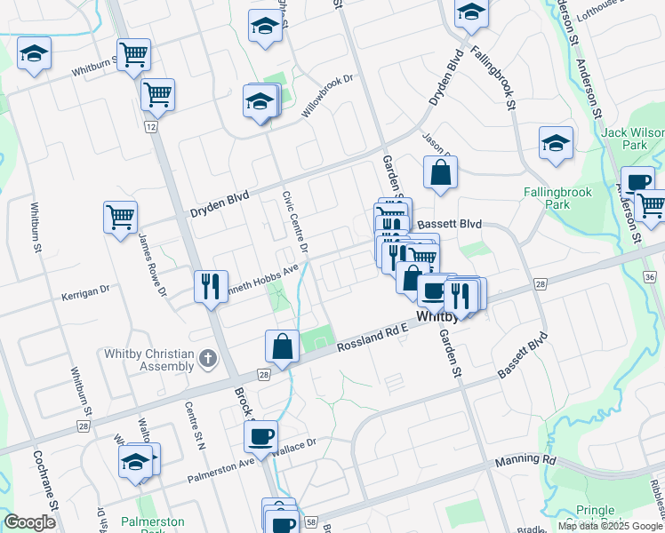 map of restaurants, bars, coffee shops, grocery stores, and more near 131 Kenneth Hobbs Avenue in Whitby