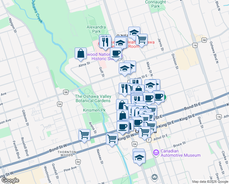map of restaurants, bars, coffee shops, grocery stores, and more near 168 Centre Street North in Oshawa
