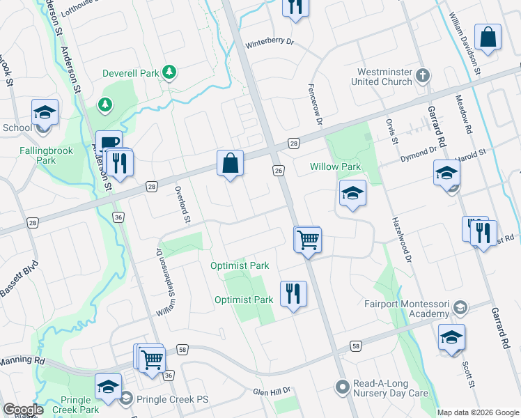 map of restaurants, bars, coffee shops, grocery stores, and more near 128 William Stephenson Drive in Whitby