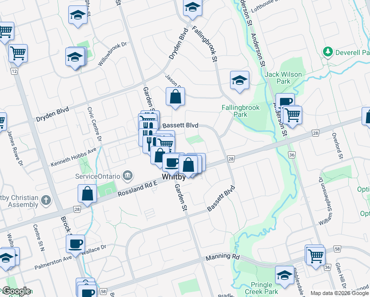 map of restaurants, bars, coffee shops, grocery stores, and more near 712 Rossland Road East in Whitby