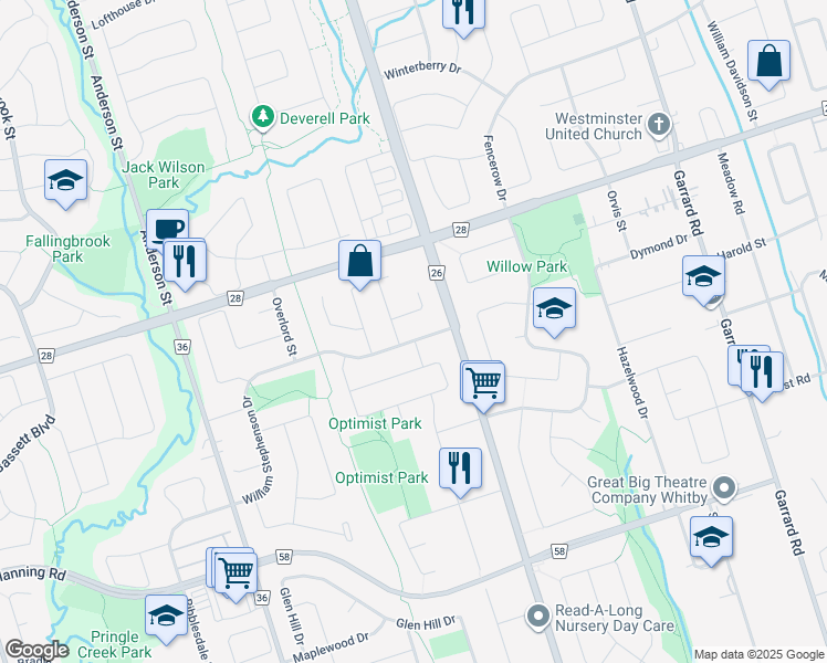 map of restaurants, bars, coffee shops, grocery stores, and more near 130 William Stephenson Drive in Whitby
