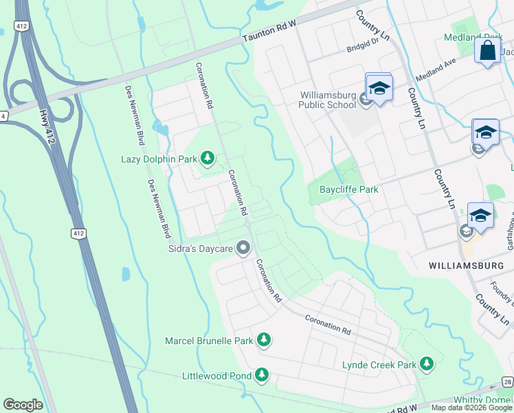 map of restaurants, bars, coffee shops, grocery stores, and more near 69 McGowan Drive in Whitby