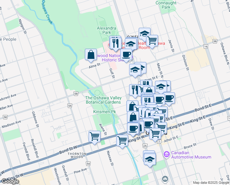 map of restaurants, bars, coffee shops, grocery stores, and more near in Oshawa
