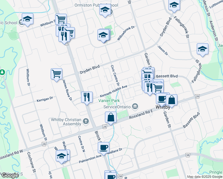 map of restaurants, bars, coffee shops, grocery stores, and more near in Whitby