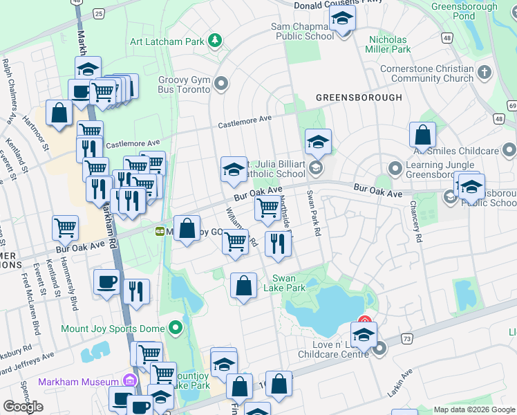 map of restaurants, bars, coffee shops, grocery stores, and more near 1997 Bur Oak Avenue in Markham