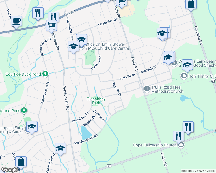 map of restaurants, bars, coffee shops, grocery stores, and more near 16 John Walter Crescent in Courtice