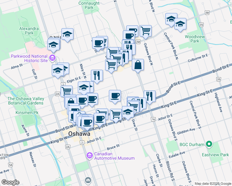 map of restaurants, bars, coffee shops, grocery stores, and more near William Street East in Oshawa