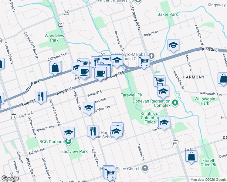 map of restaurants, bars, coffee shops, grocery stores, and more near 653 Athol Street East in Oshawa