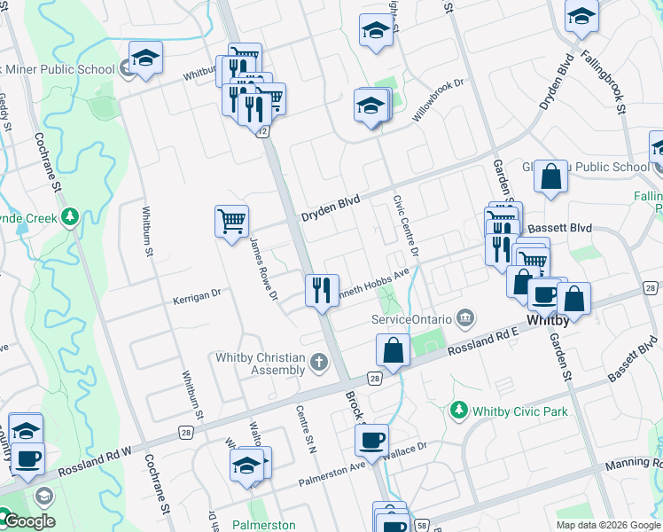 map of restaurants, bars, coffee shops, grocery stores, and more near 53 Longueuil Place in Whitby