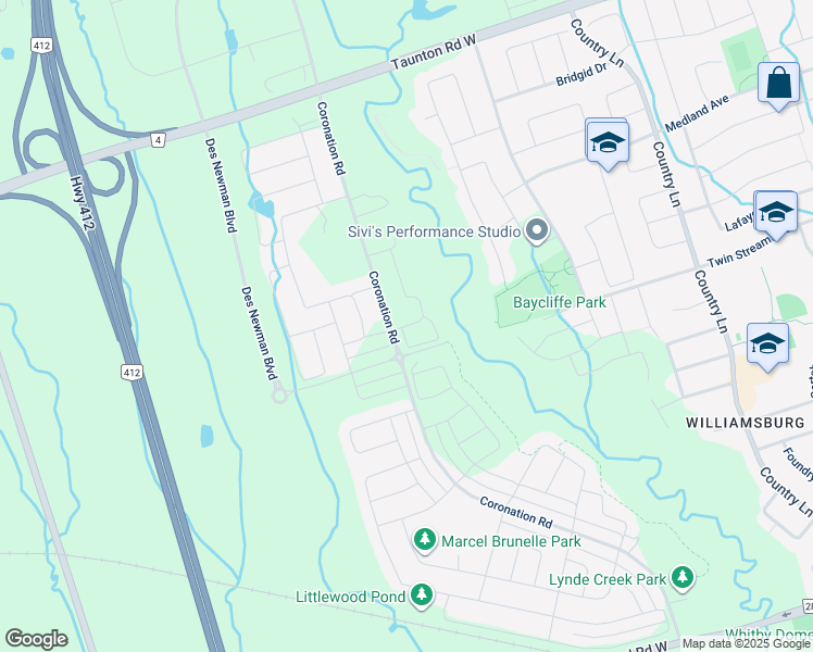 map of restaurants, bars, coffee shops, grocery stores, and more near 3425 Coronation Road in Whitby