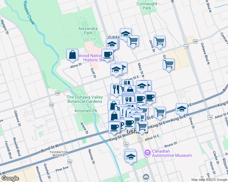 map of restaurants, bars, coffee shops, grocery stores, and more near in Oshawa