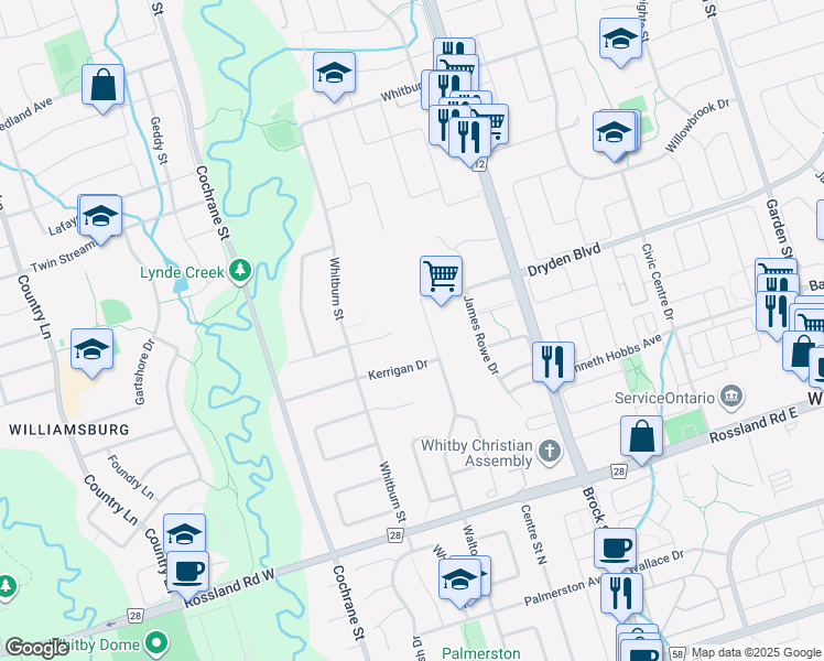 map of restaurants, bars, coffee shops, grocery stores, and more near 8 Sunny Rose Court in Whitby