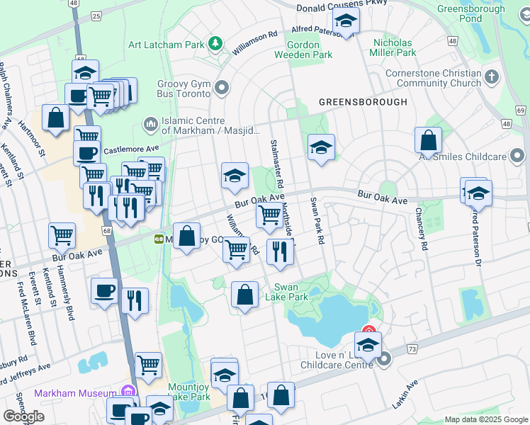 map of restaurants, bars, coffee shops, grocery stores, and more near 1997 Bur Oak Avenue in Markham