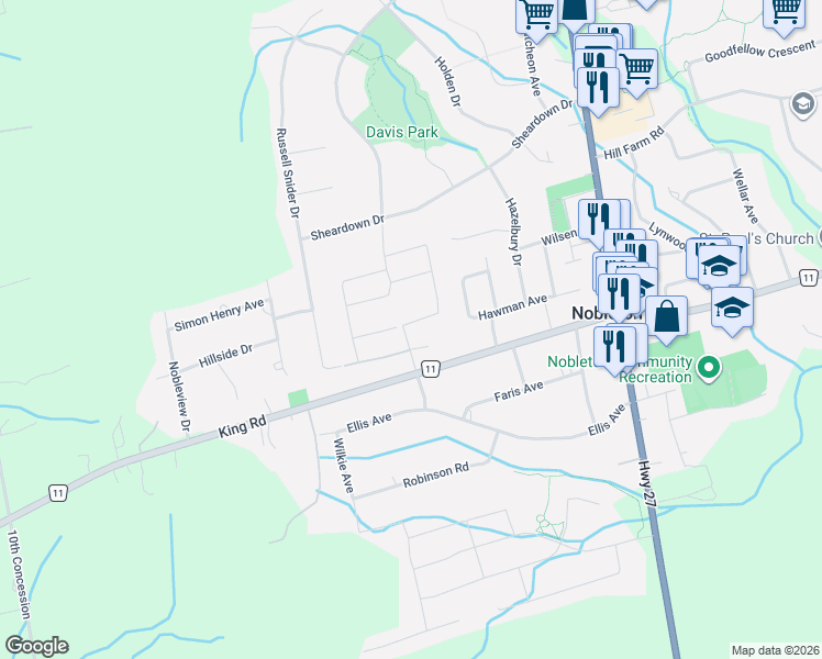 map of restaurants, bars, coffee shops, grocery stores, and more near 128 Stokes Drive in Nobleton