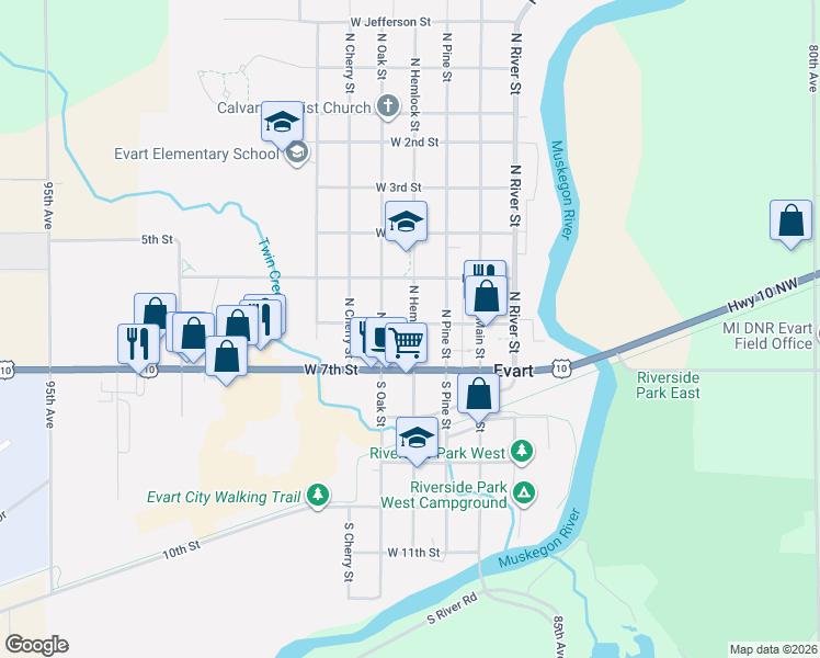 map of restaurants, bars, coffee shops, grocery stores, and more near 210 North Hemlock Street in Evart