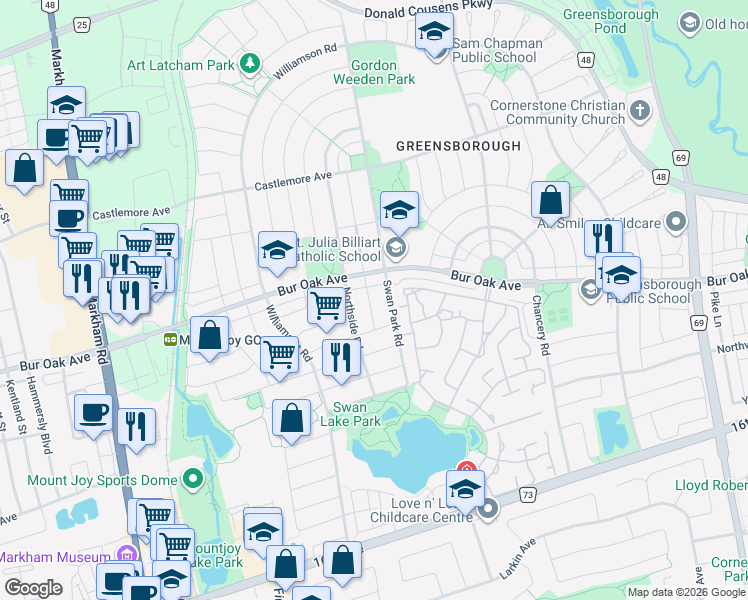 map of restaurants, bars, coffee shops, grocery stores, and more near 19 Cornerstone Road in Markham