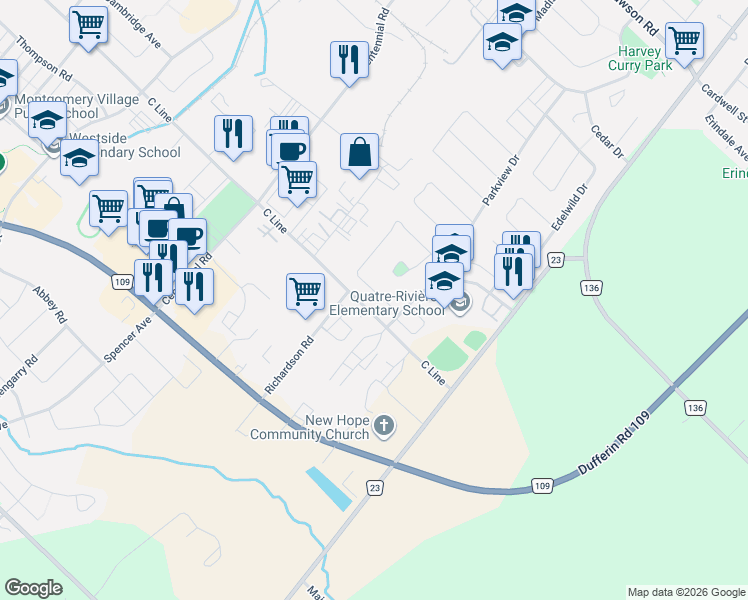 map of restaurants, bars, coffee shops, grocery stores, and more near 169 Burbank Crescent in Orangeville