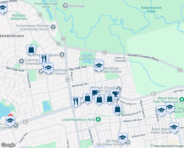 map of restaurants, bars, coffee shops, grocery stores, and more near 572 Country Glen Road in Markham