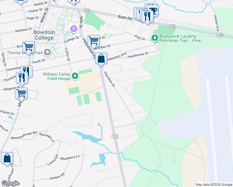 map of restaurants, bars, coffee shops, grocery stores, and more near 16 Garrison Street in Brunswick