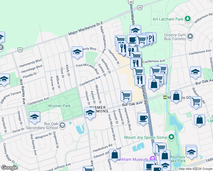map of restaurants, bars, coffee shops, grocery stores, and more near 204 Everett Street in Markham