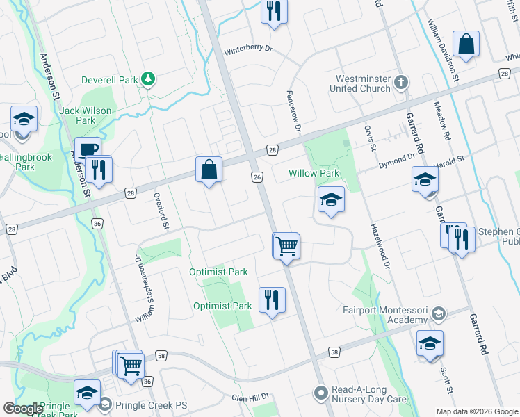 map of restaurants, bars, coffee shops, grocery stores, and more near 142 William Stephenson Drive in Whitby