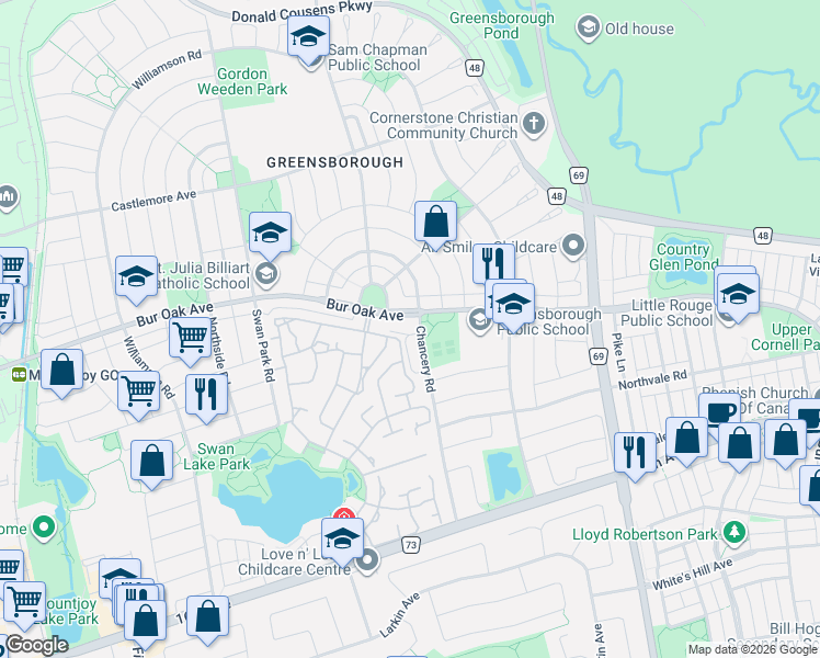 map of restaurants, bars, coffee shops, grocery stores, and more near 2285 Bur Oak Avenue in Markham