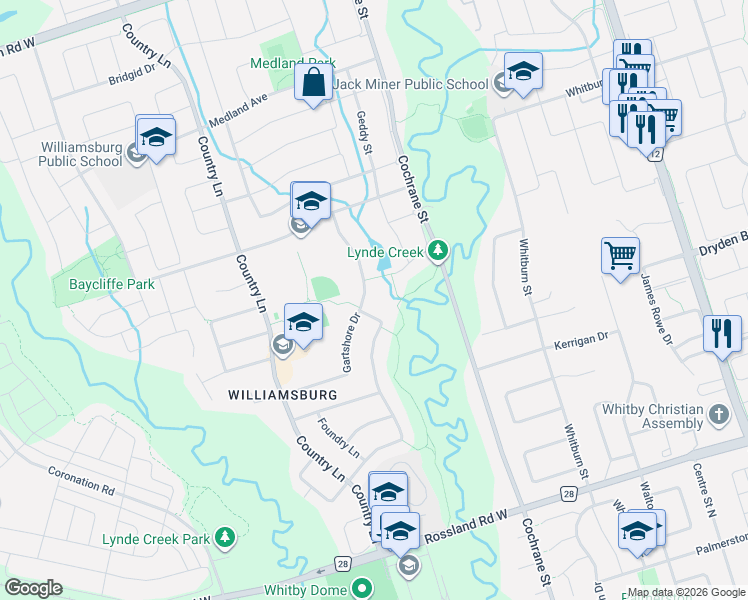 map of restaurants, bars, coffee shops, grocery stores, and more near 83 Gartshore Drive in Whitby