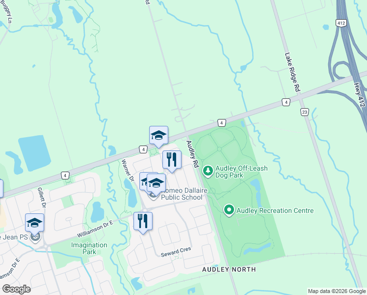 map of restaurants, bars, coffee shops, grocery stores, and more near 1999 Audley Road in Ajax