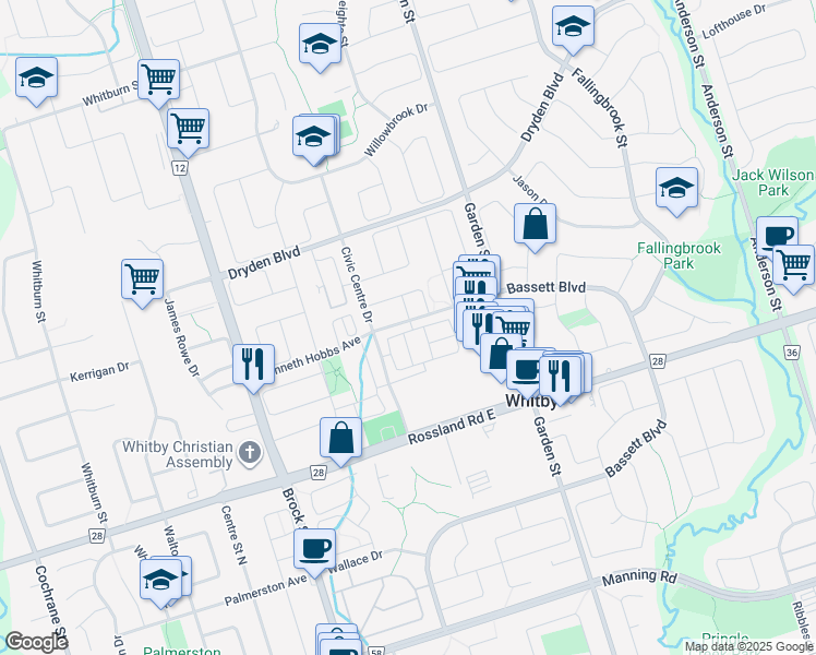 map of restaurants, bars, coffee shops, grocery stores, and more near 131 Kenneth Hobbs Avenue in Whitby