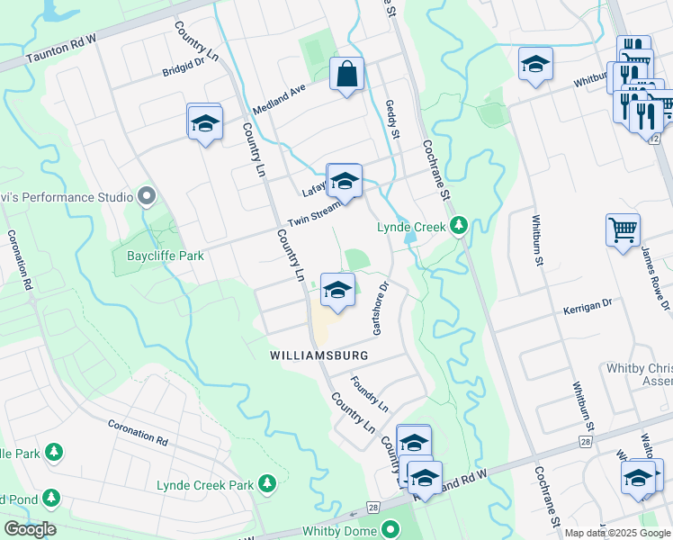 map of restaurants, bars, coffee shops, grocery stores, and more near 3145 Country Lane in Whitby