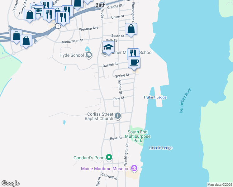 map of restaurants, bars, coffee shops, grocery stores, and more near 12 Libby Court in Bath