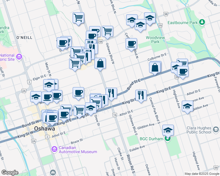 map of restaurants, bars, coffee shops, grocery stores, and more near 284 Richmond Street East in Oshawa