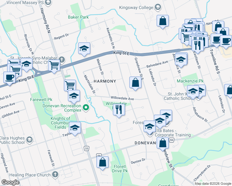 map of restaurants, bars, coffee shops, grocery stores, and more near 146 Oriole Street in Oshawa