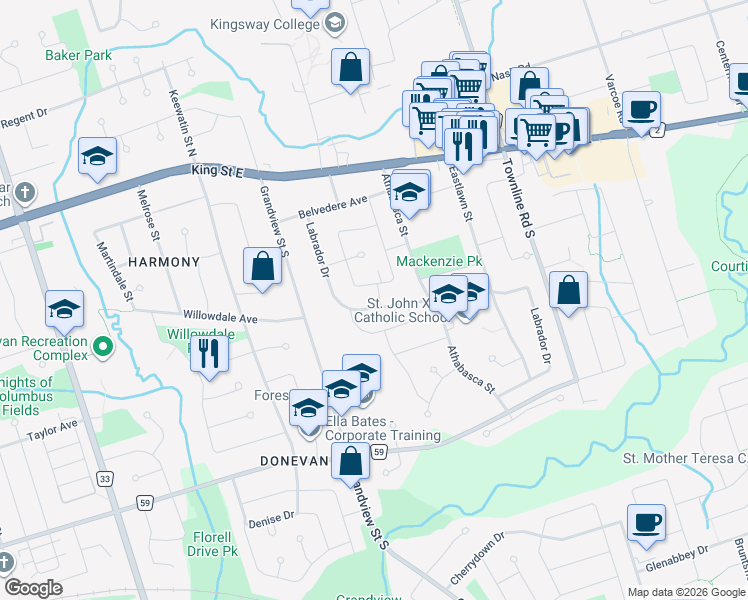 map of restaurants, bars, coffee shops, grocery stores, and more near 175 Labrador Drive in Oshawa