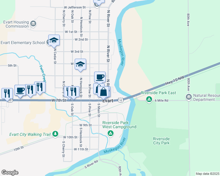 map of restaurants, bars, coffee shops, grocery stores, and more near 116 East 6th Street in Evart