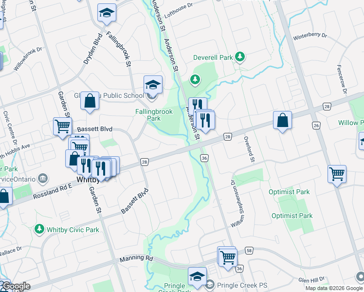 map of restaurants, bars, coffee shops, grocery stores, and more near 36 Inglenook Court in Whitby