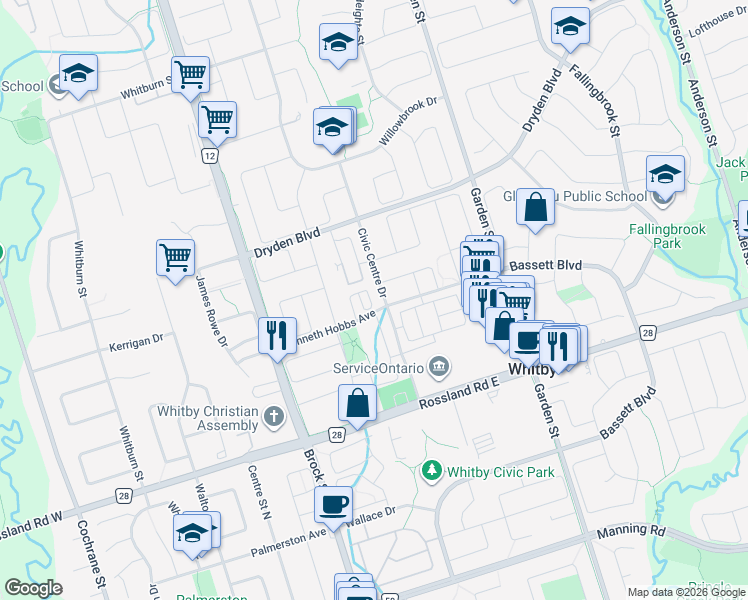 map of restaurants, bars, coffee shops, grocery stores, and more near 53 Pallock Hill Way in Whitby