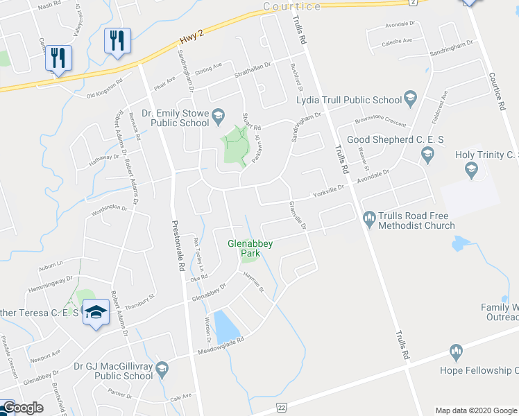 map of restaurants, bars, coffee shops, grocery stores, and more near 93 Yorkville Drive in Courtice