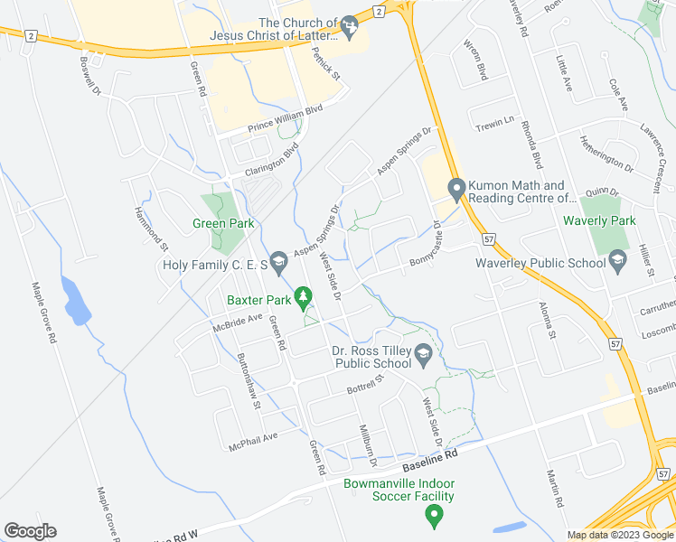 map of restaurants, bars, coffee shops, grocery stores, and more near 131 West Side Drive in Bowmanville