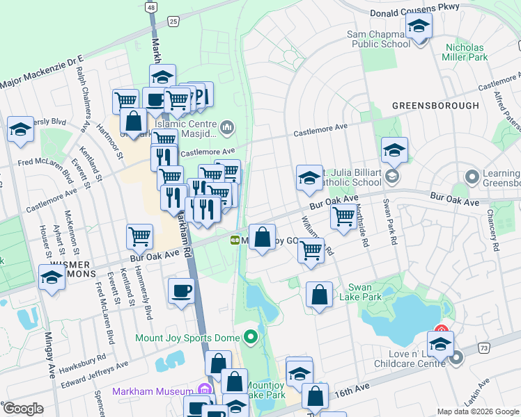 map of restaurants, bars, coffee shops, grocery stores, and more near 12 Harry Blaylock Drive in Markham