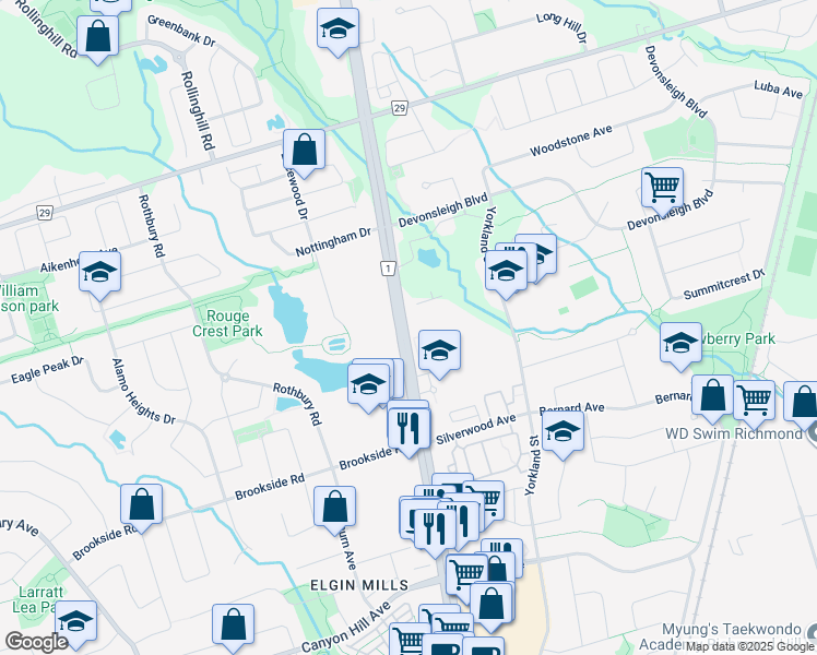 map of restaurants, bars, coffee shops, grocery stores, and more near 11245 York Regional Road 1 in Richmond Hill