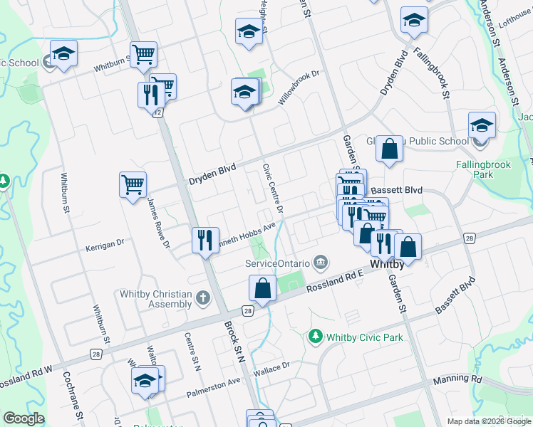 map of restaurants, bars, coffee shops, grocery stores, and more near 28 Pallock Hill Way in Whitby