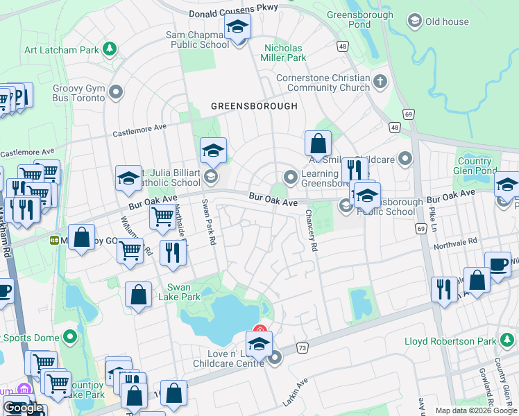 map of restaurants, bars, coffee shops, grocery stores, and more near 192 Louisbourg Way in Markham