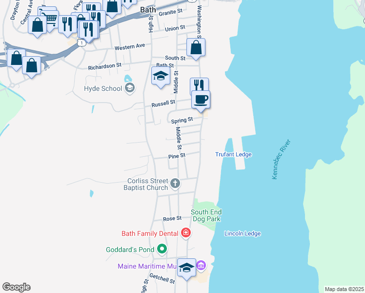 map of restaurants, bars, coffee shops, grocery stores, and more near 477 Middle Street in Bath