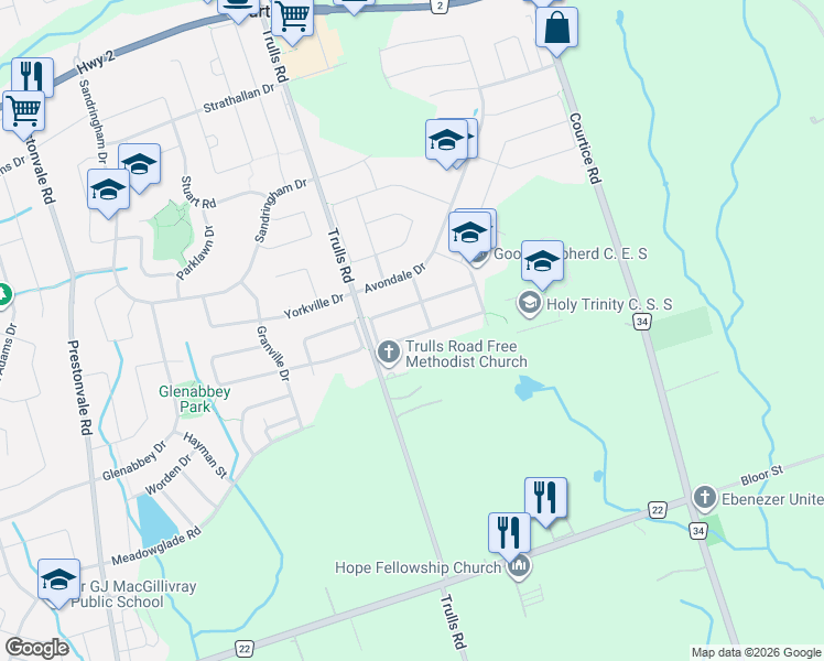 map of restaurants, bars, coffee shops, grocery stores, and more near in Courtice