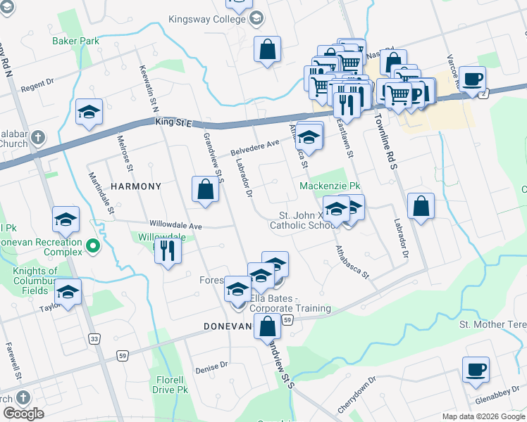 map of restaurants, bars, coffee shops, grocery stores, and more near 133 Labrador Drive in Oshawa